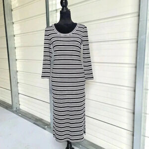 Banana Republic 3/4 Stretch Stripe Black White Knit Dress Fitted Ribbed Midi S